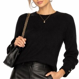 Black Fuzzy Knit Sweater with Jewel Button Cuffs – Soft Minimalist Pullover